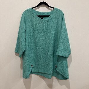 Ali Miles Seafoam Green Puckered Fabric Tunic Top 3/4 Slv Button Trim Sz 1X